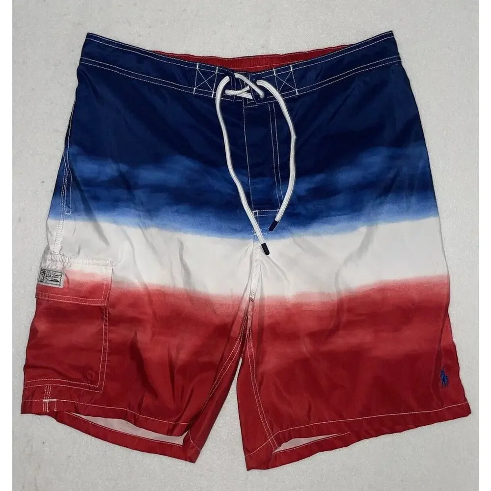 Polo‎ Ralph Lauren Lined Swim Trunks Mens XL Tie Dye Ombré Red White Blue USA